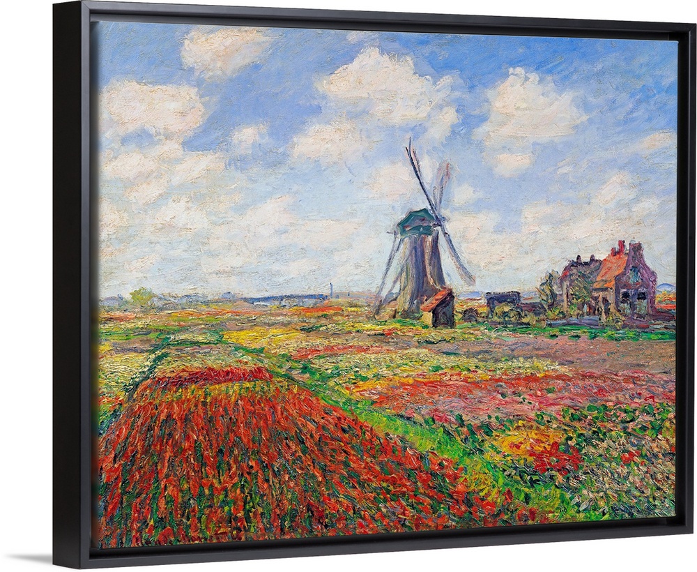 Oil painting of a windmill in a field of bright flowers under a sky with puffy clouds.