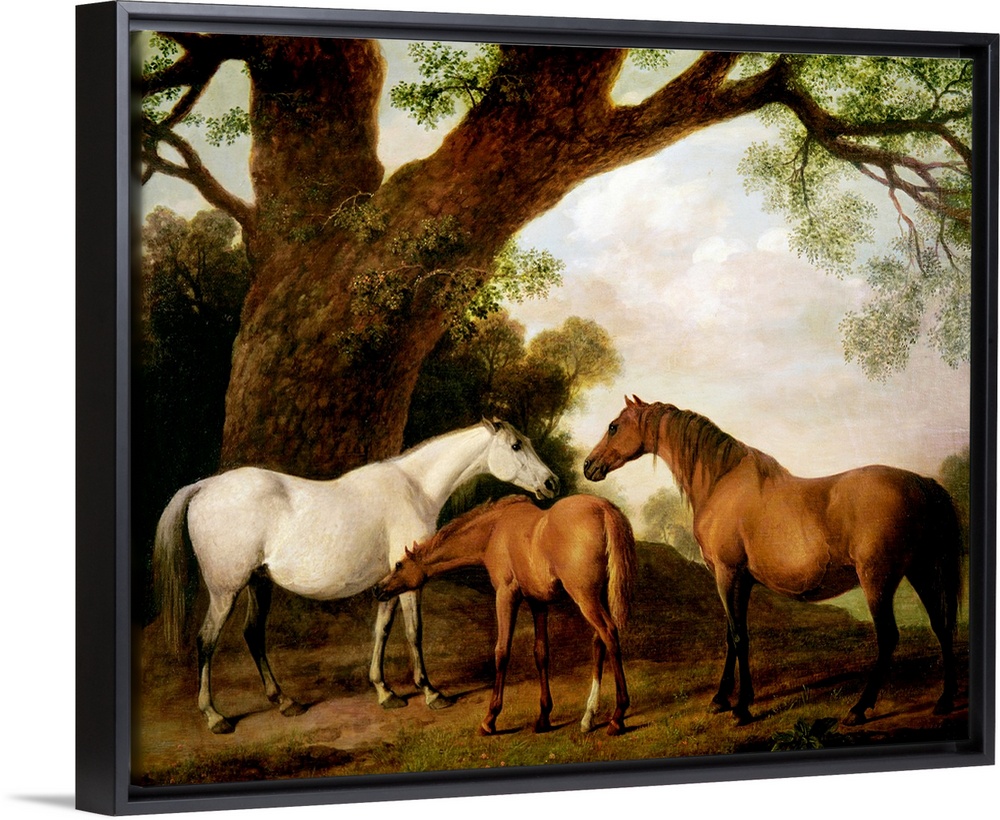 Giant classic art focuses on three horses standing beneath a very large tree on the edge of a forest.  Beyond the horses, ...