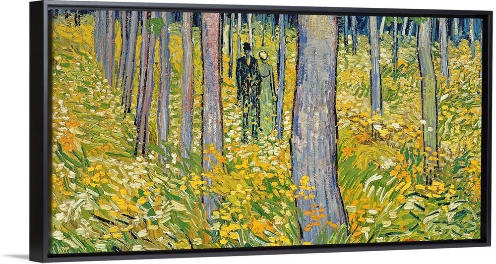 Panoramic painting of couple walking through forest with overgrown brush and rows of trees.