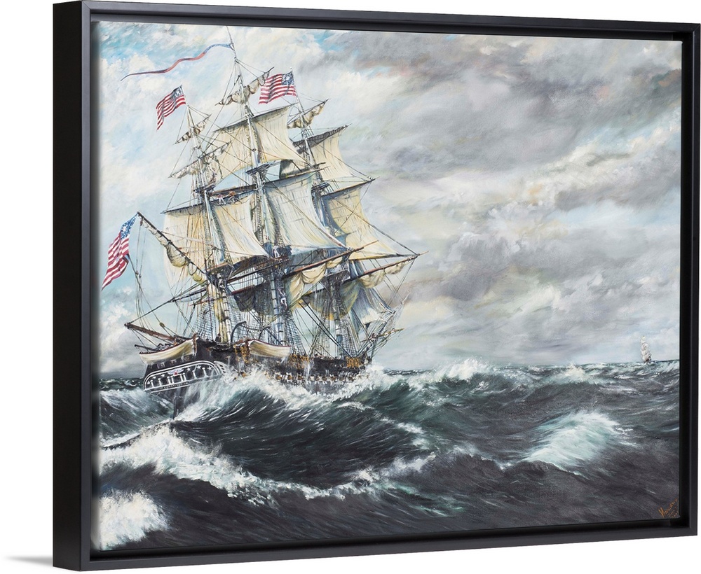 Contemporary painting of a ship riding the high seas during a rough storm.