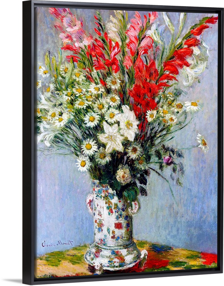 Painting of a vase holding various muticolored flowers on a multicolored table by Claude Monet.