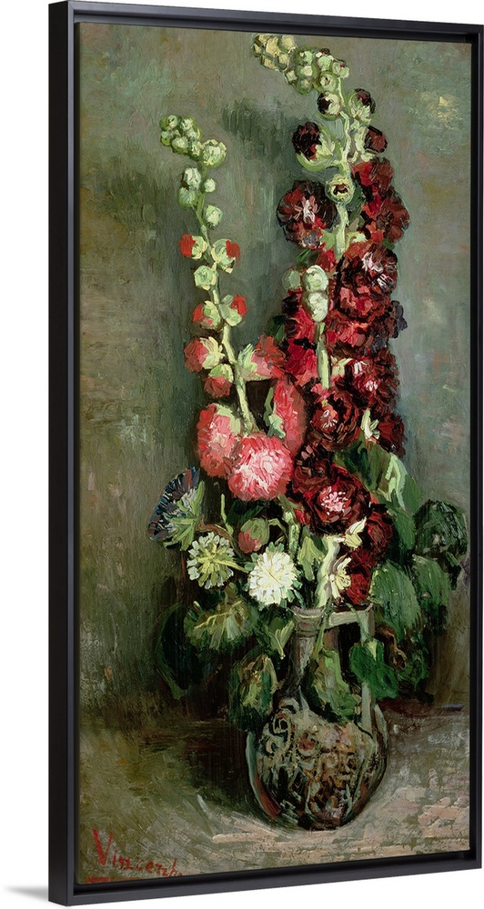 Classic vertical floral art of a tall vase of Hollyhock flowers in bloom.
