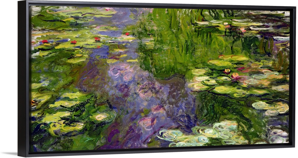 Large classic oil on canvas painting of water lilies.  The texture of the brush strokes give this piece added depth.