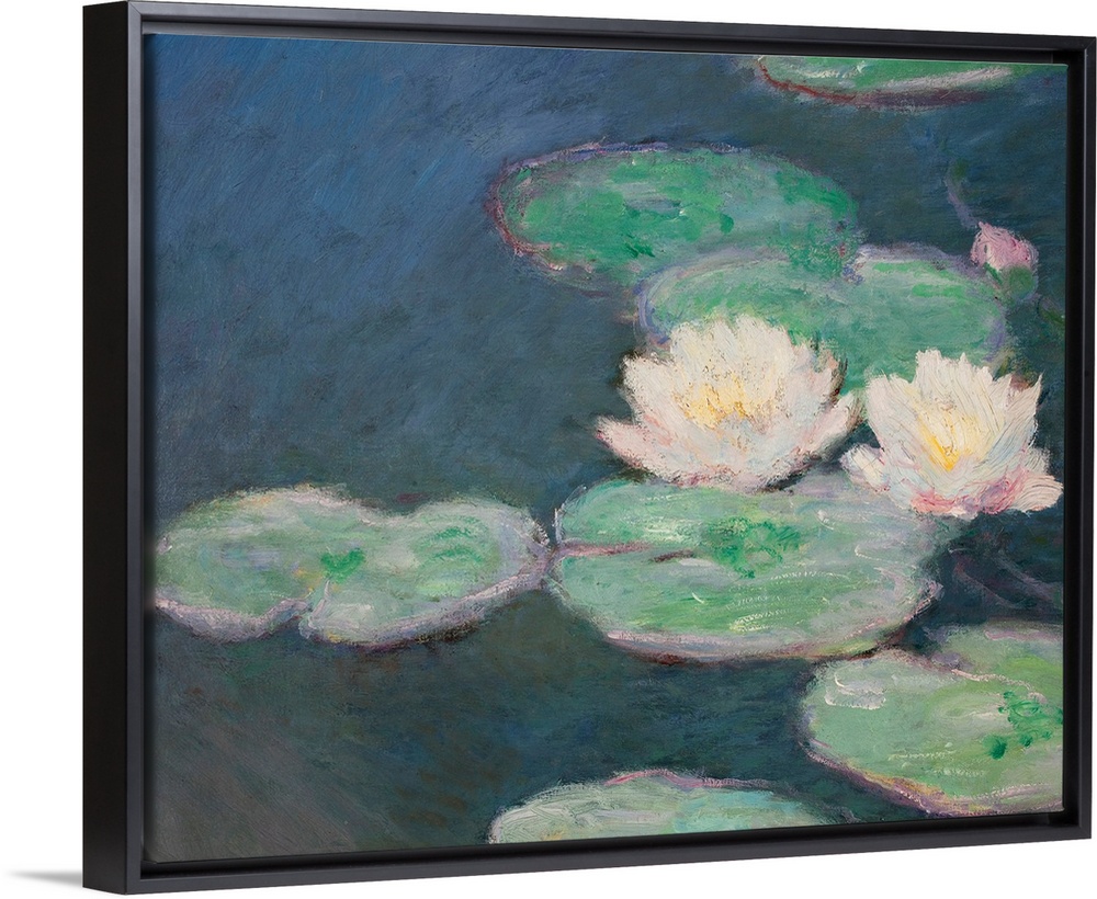 Huge classic art focuses on a group of lily pads sitting on a quiet body of water.