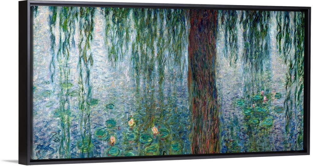 Detail of an Impressionist painting of willow branches dipping into water covered with lily pads.