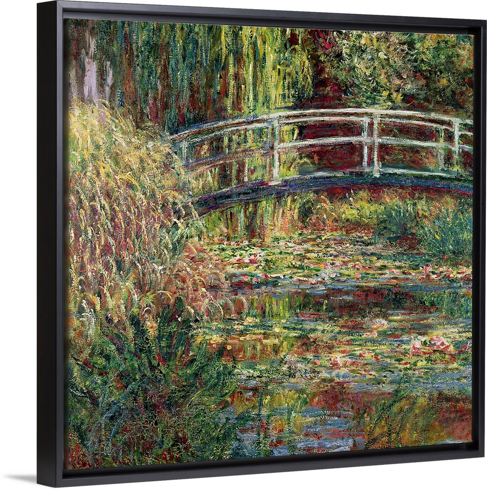 Landscape painting of a bridge over a garden pond filled with water and marsh plants.