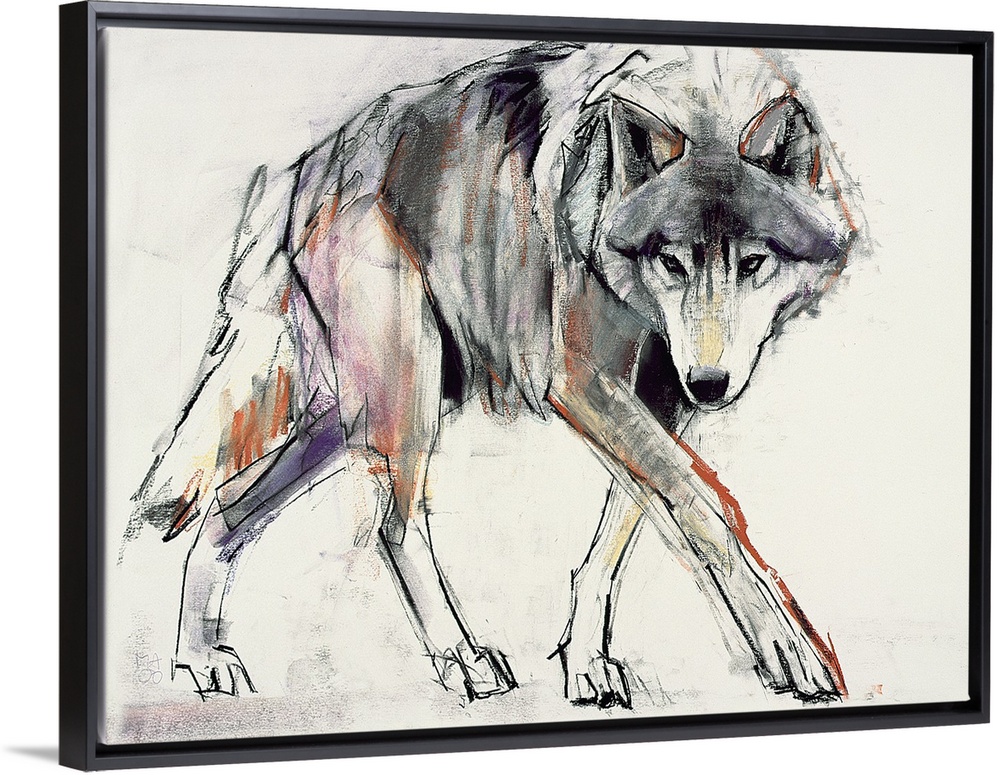 A sketchy, gestural drawing of a wolf on horizontal wall art.