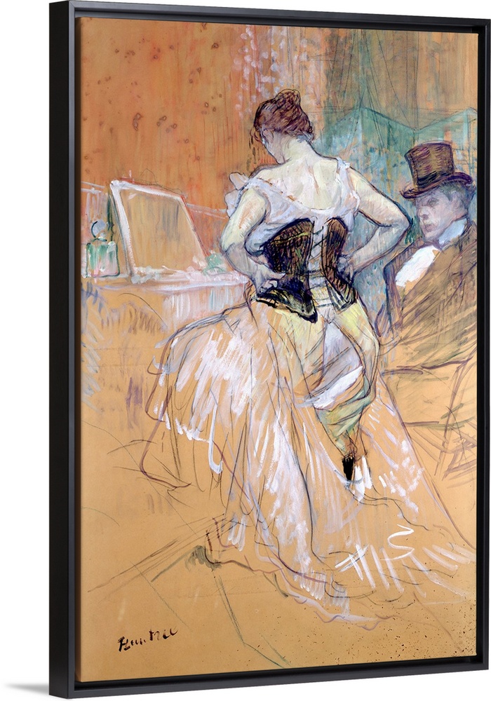 Classic artwork showing a woman from behind wearing a white dress with a black corset that is open in the back. A man in a...