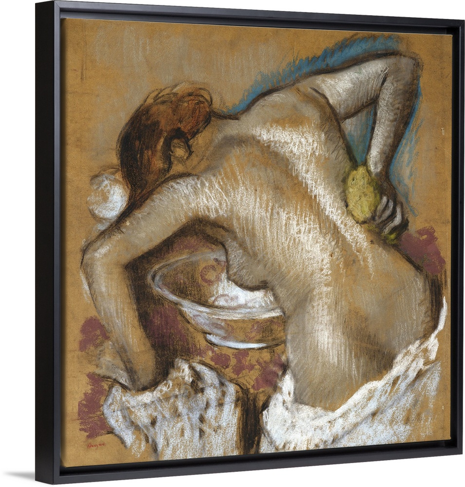 Wall art in pastels of a woman bathing her back with a bowl of water in front of her.