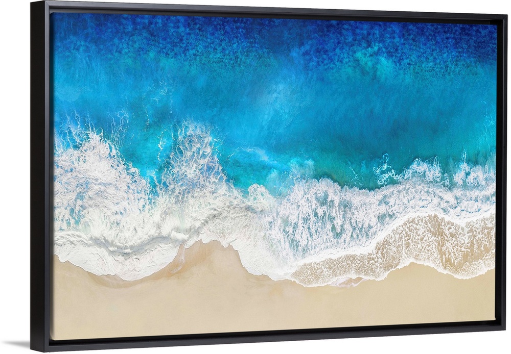 One artwork in a series of aerial shots of a beach as blue waves break upon the shore.
