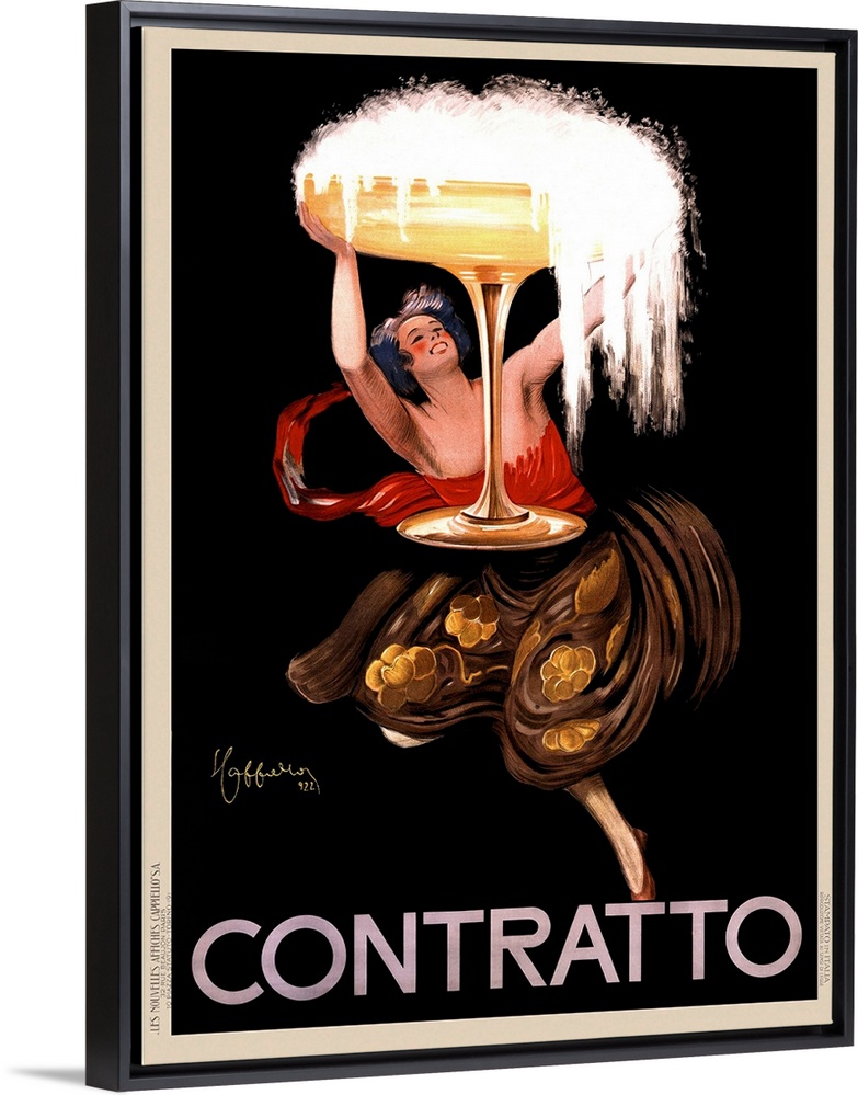 Vintage advertisement poster with a woman holding a giant glass of champagne.