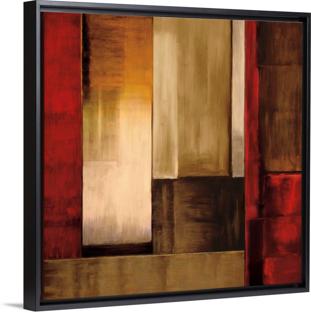 Square abstract art created with rectangular shapes puzzled together in shades of red, orange, white, and brown.