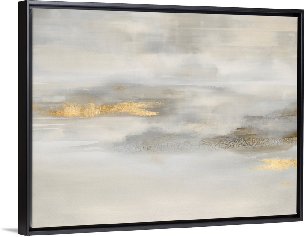 Contemporary abstract artwork in muted beige and white tones with gold colored brush accents.