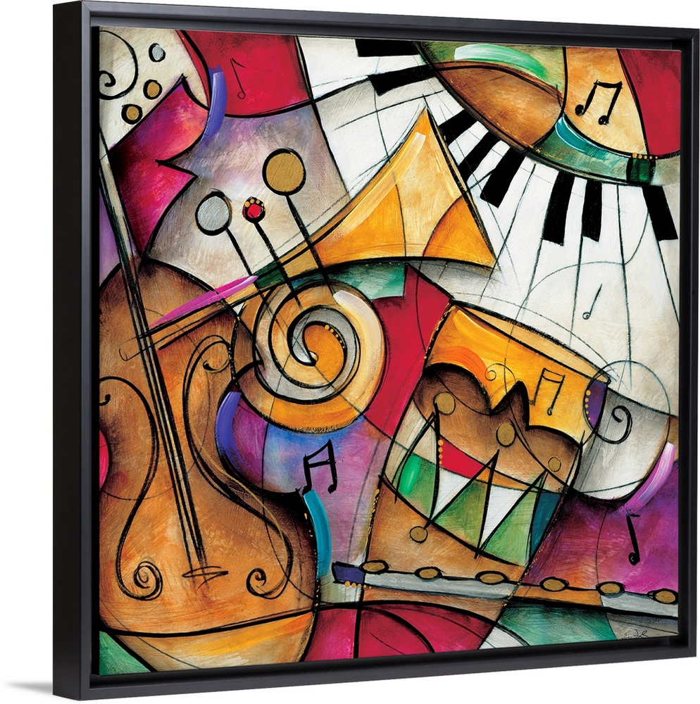 Jazz it Up I by Eric Waugh.  A square abstract painting of varies instruments played in jazz music.