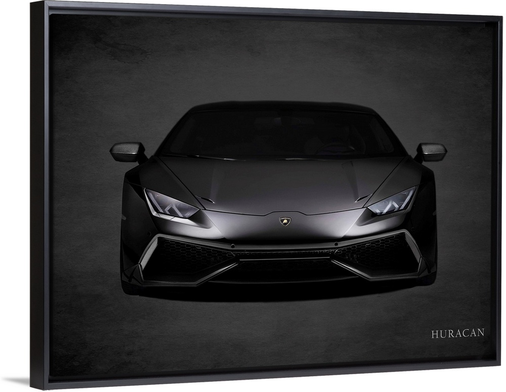 Photograph of a black Lamborghini Huracan printed on a black background with a dark vignette.