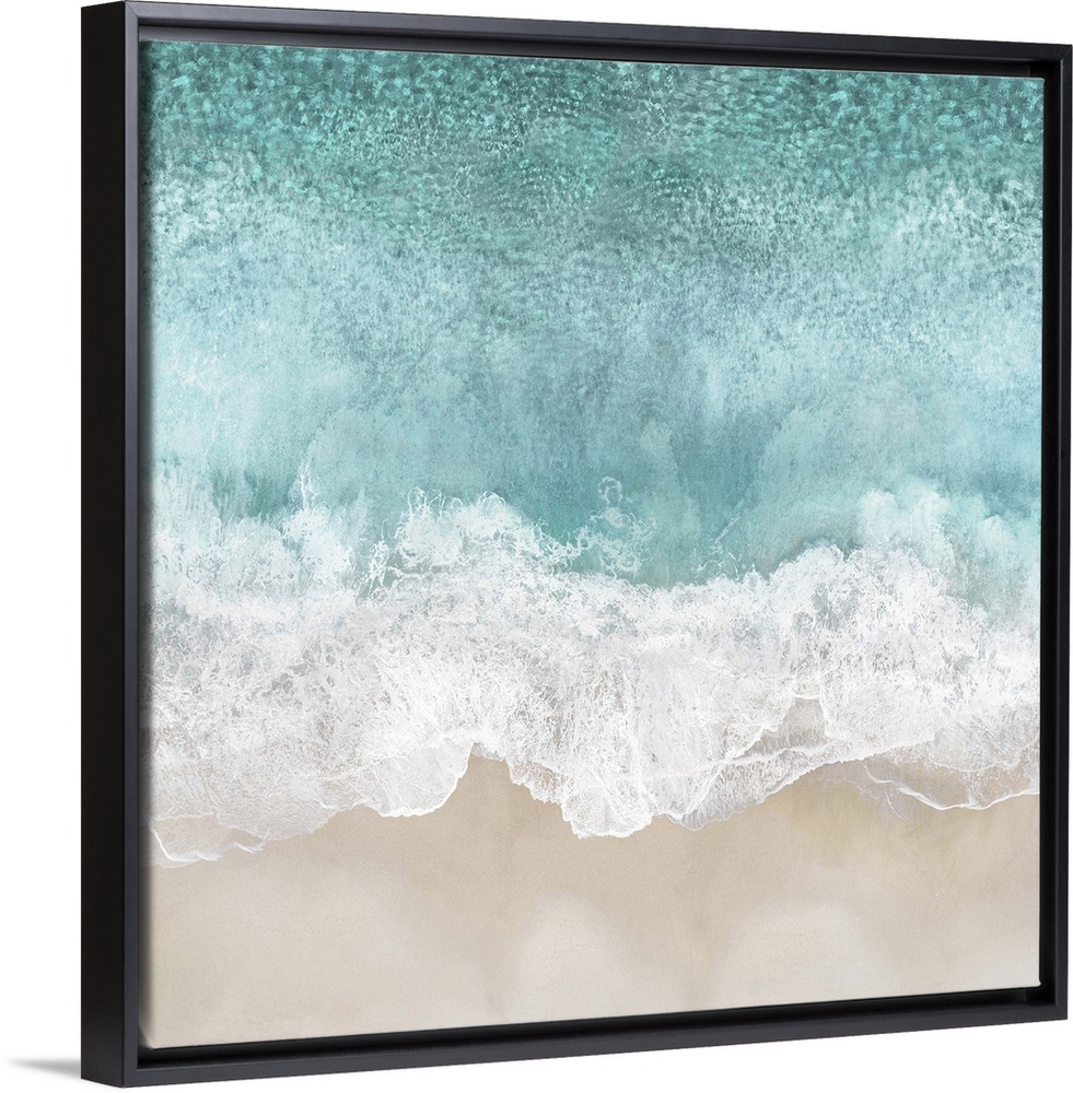 One artwork in a series of aerial shots of a beach as light blue waves break upon the shore.