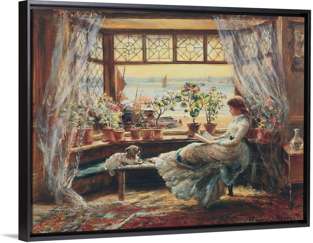 Classic painting of a woman reading at a bay window with her dog.