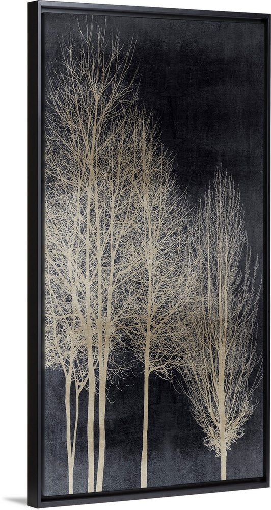 Decorative artwork featuring an aged silver silhouette of leafless trees over a distressed background.