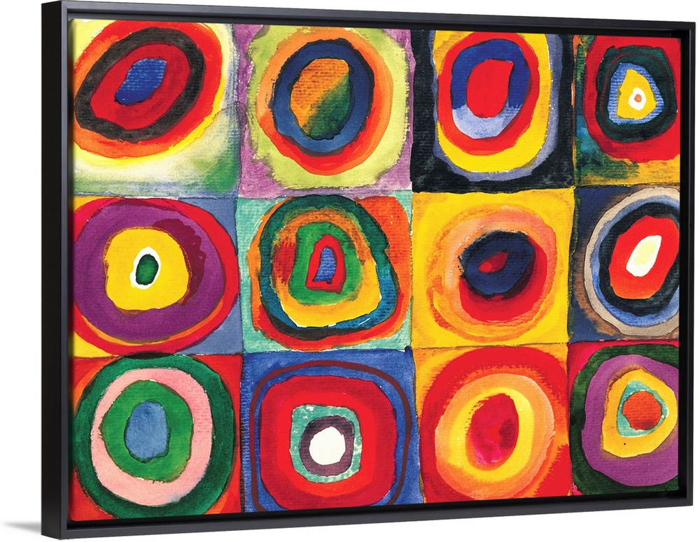 A Contemporary painting of colorful rings of circles within squares.