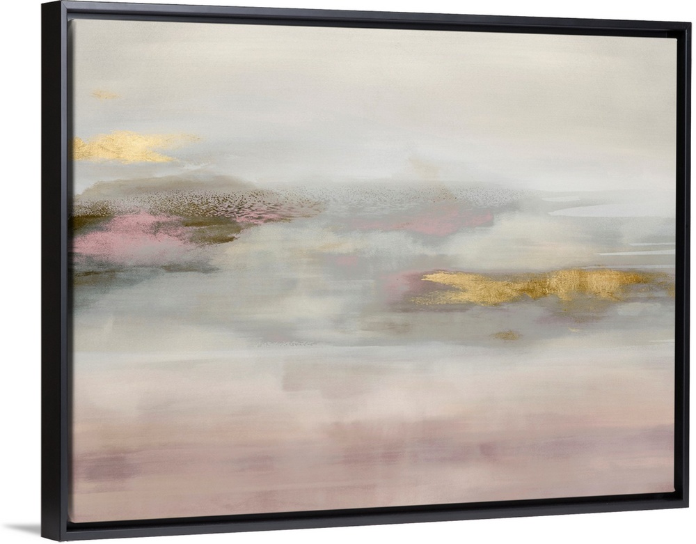 Contemporary abstract artwork in muted pink and white tones with gold colored brush accents.