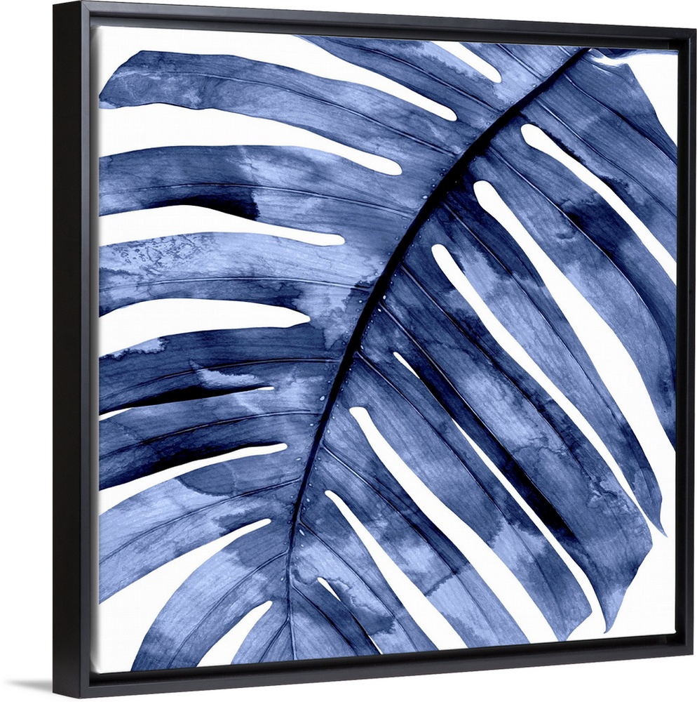 Square decor with an indigo silhouette of a palm leaf on a solid white background.