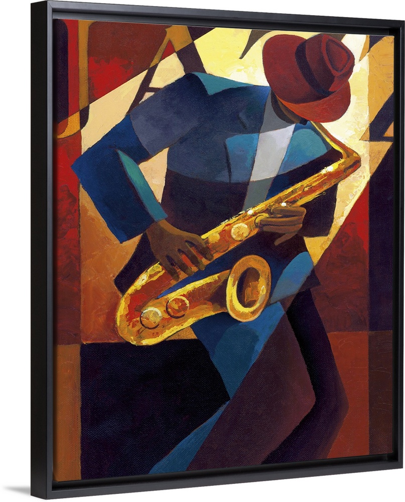 Contemporary painting of a jazz musician playing the saxophone.