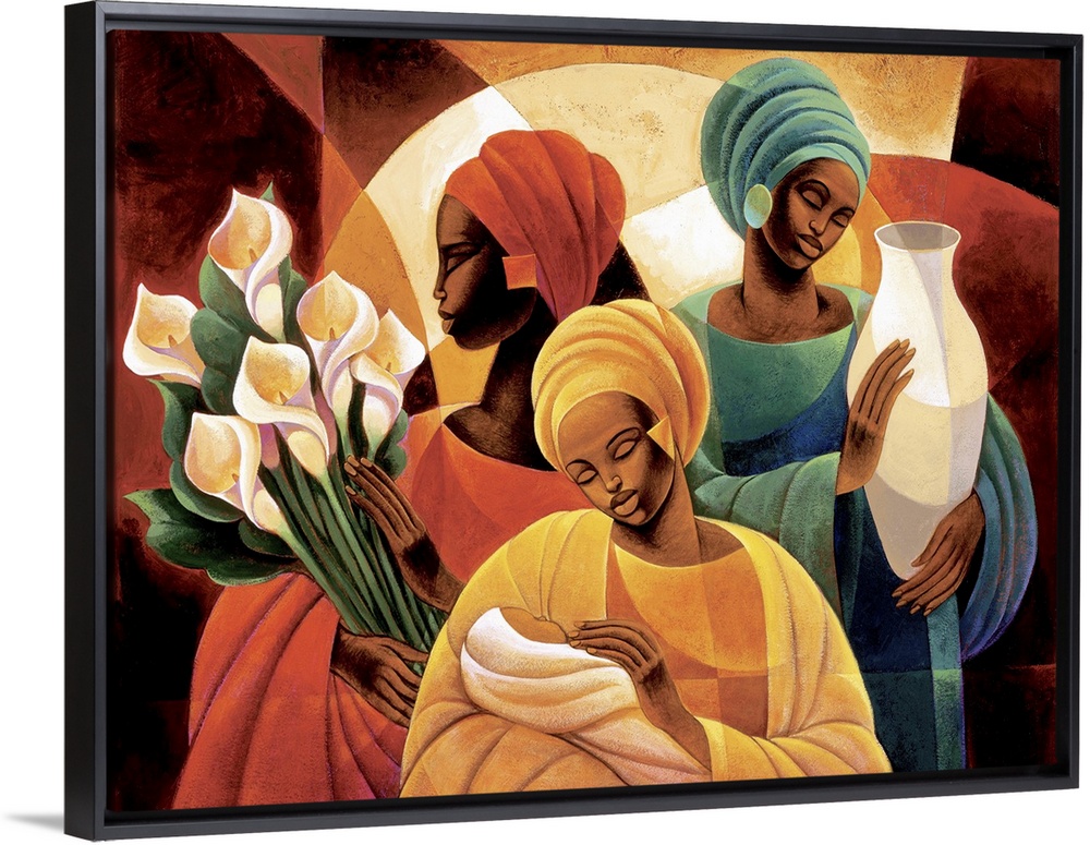 Artwork of three African women, one holding lilies, one holding a vase, and one holding a child.