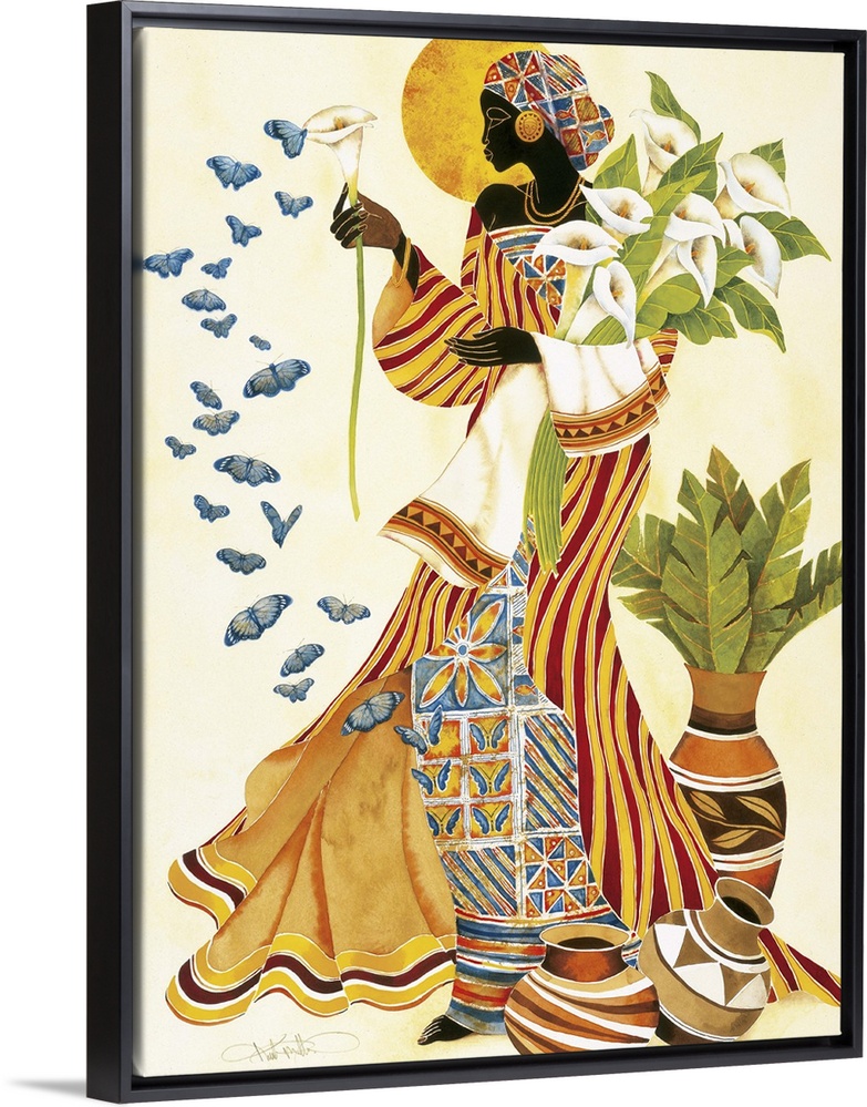 An African woman in a beautiful patterned robes holding white lilies and looking at butterflies.