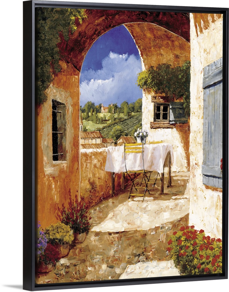 Contemporary artwork of a Tuscan villa on a sunny day.