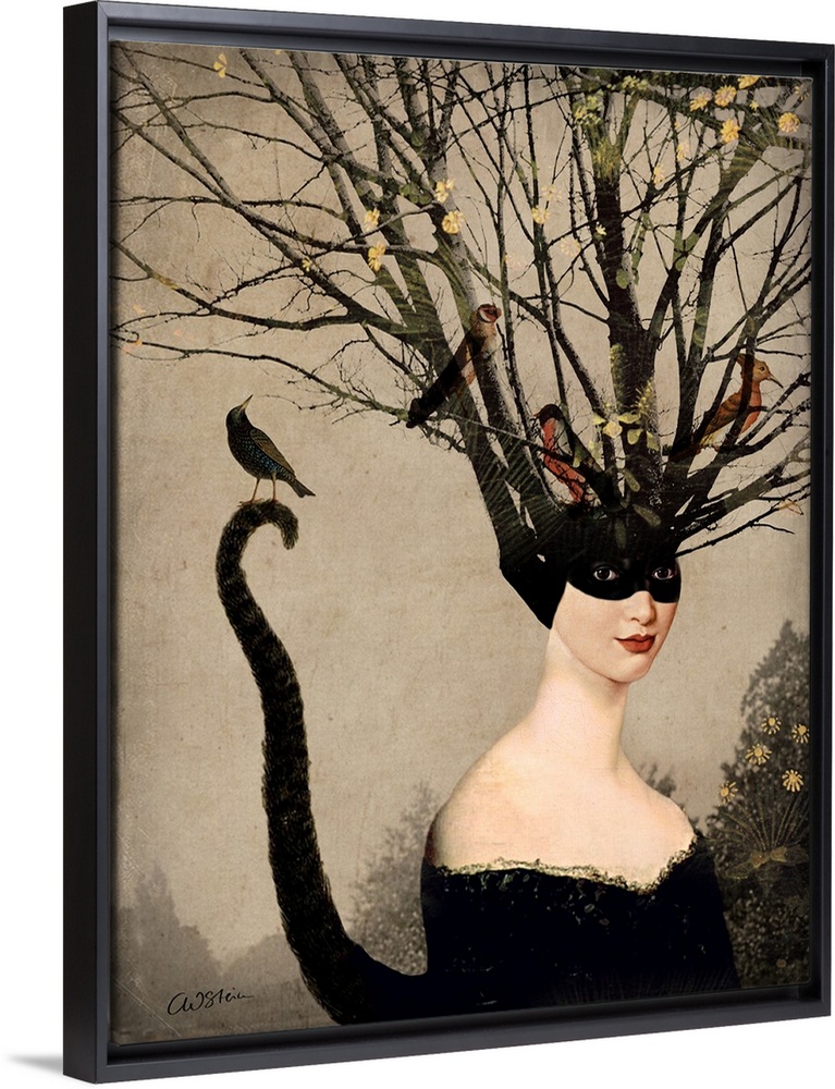 A woman with a cat tail has tree branches coming from her head where birds are resting.