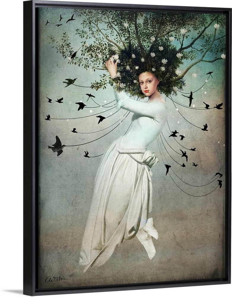 A woman in a white dress and tree branches for hair is being carried off by a flock of black birds.