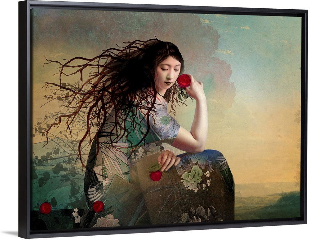 A lady with a floral dress is admiring the landscape.  She is holding a red rose and has tree limbs for hair.
