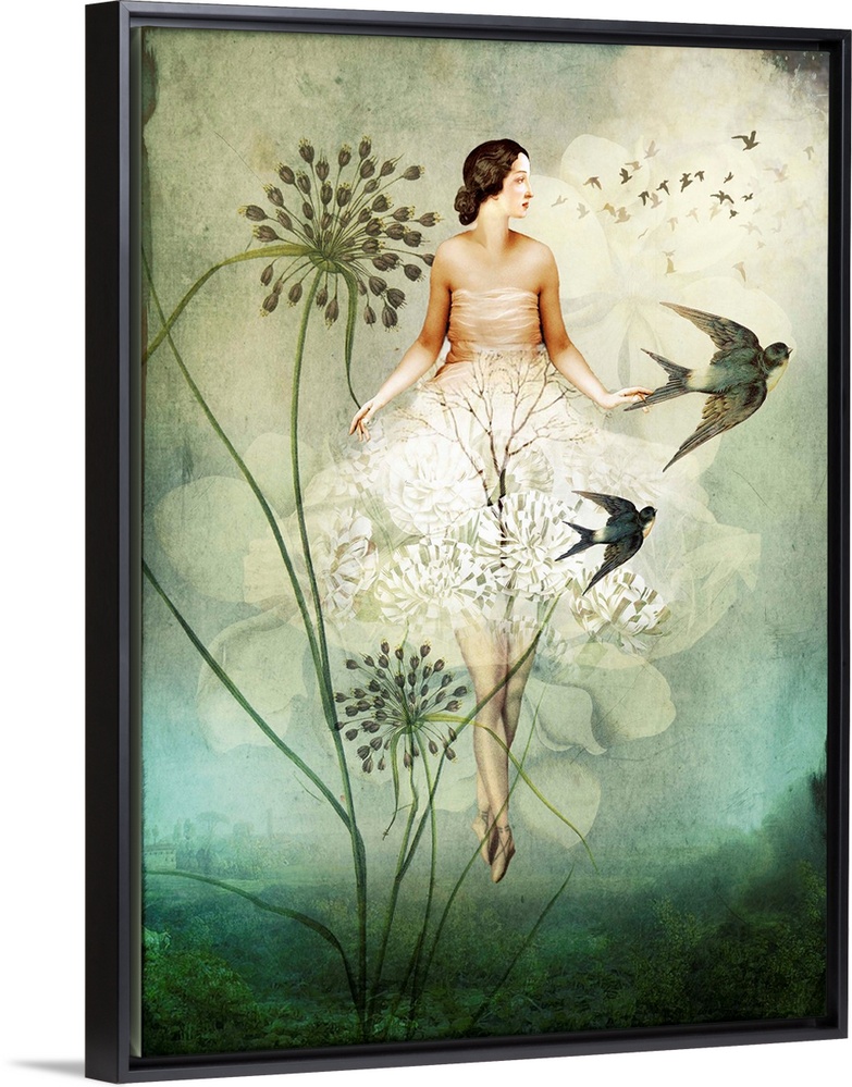 A woman floating in the sky with white flowers as bird passes by.