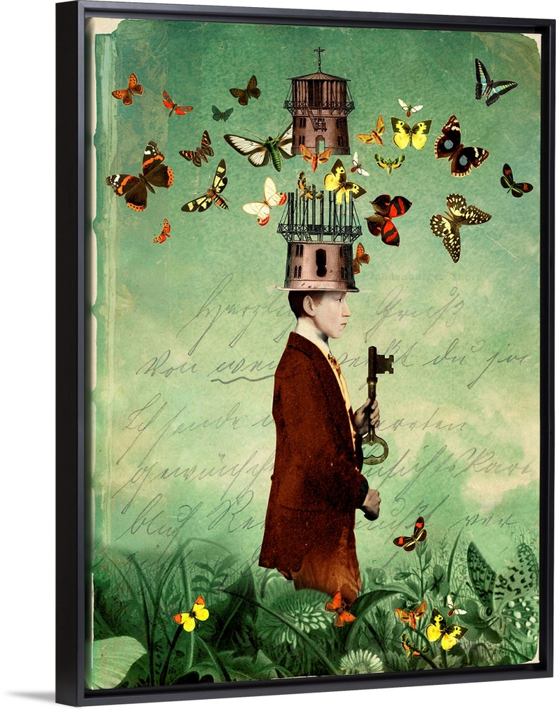 Contemporary artwork of a male holding a key with butterflies flying overhead.