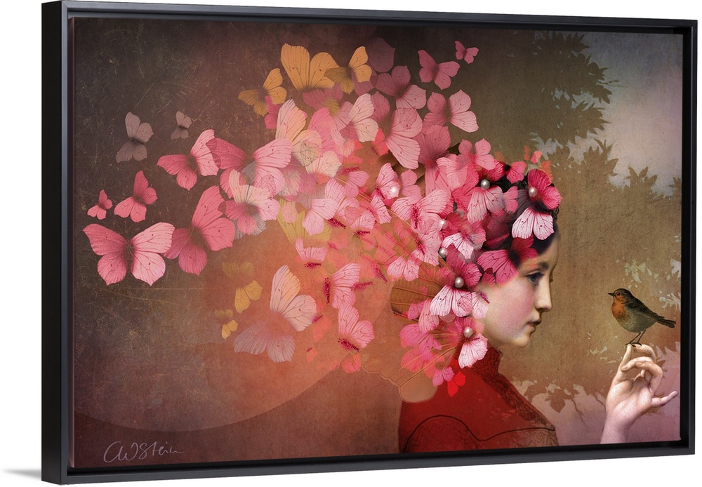 A horizontal image of a lady with a bird.  A group of red and pink butterflies are fluttering from her hair.
