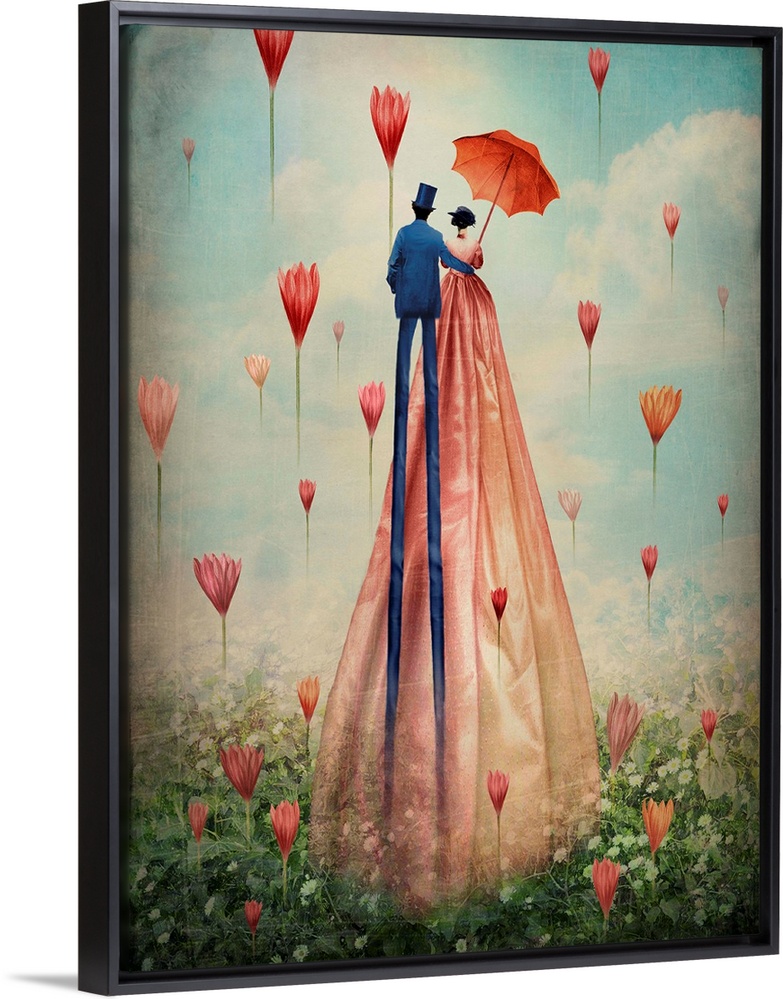 A contemporary painting of a couple walking through a filed with flowers floating in the air.