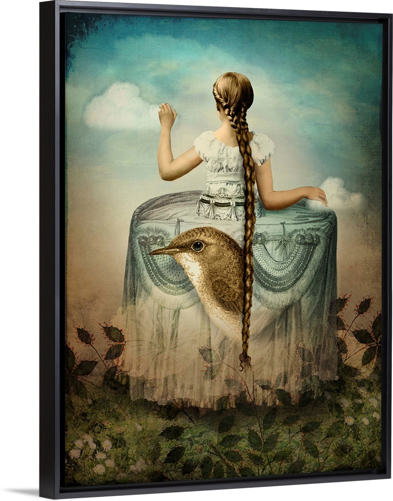 A lady with a long braid is in a Victorian dress which has a large bird and flowers on it.