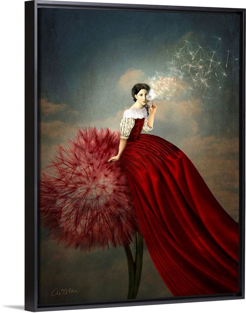 A lady with a long red dress is sitting on a red dandelion.