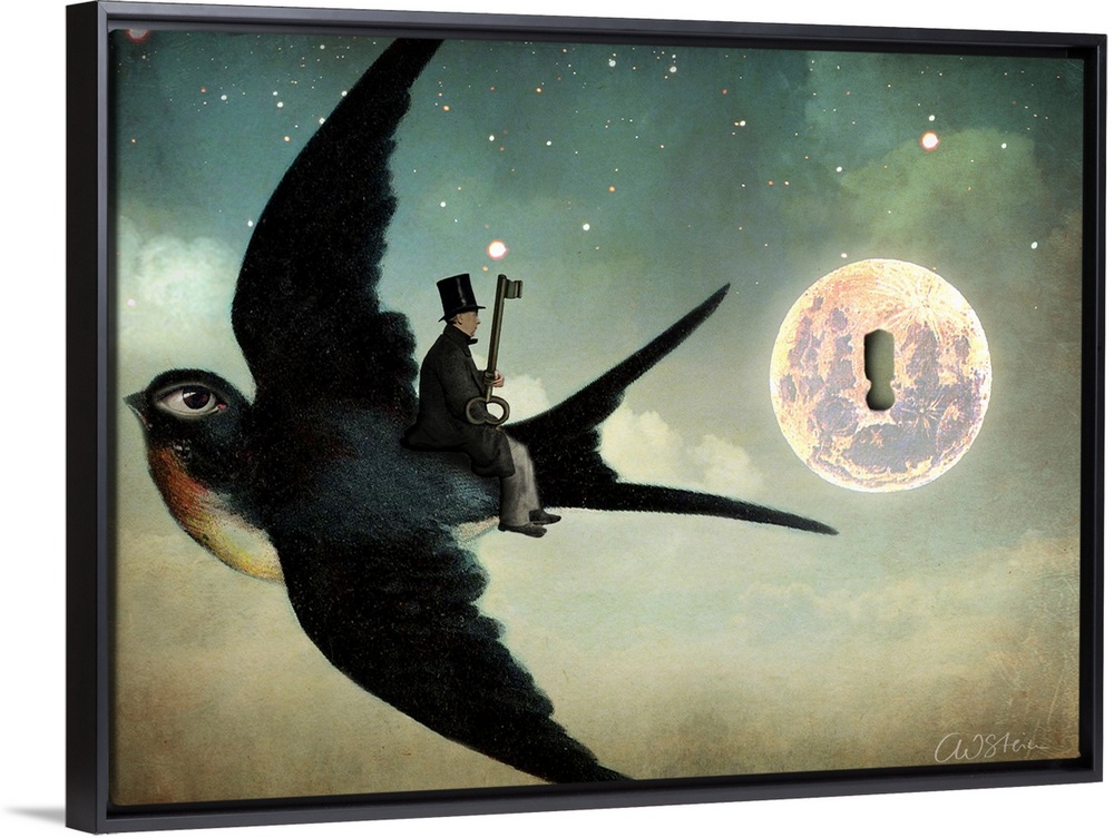 A man with a key is wearing a top hat and riding a bird with a enlarged eye.  They are flying past the moon which has a ke...
