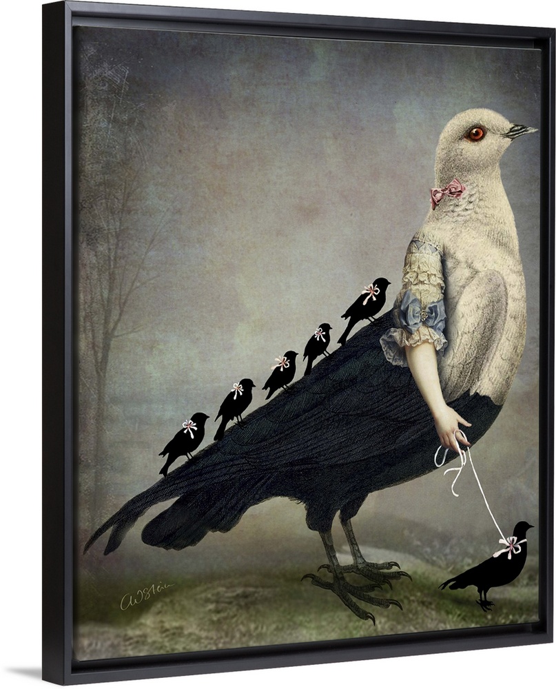 A large bird with human arms is walking a small black bird while a group of birds are riding on the back.