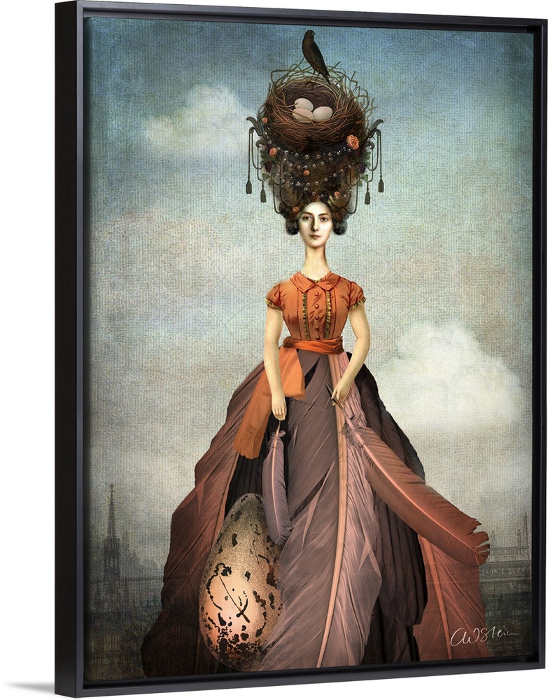 A digital composite of a female wearing a dress made of feathers with a bird nest on her head.