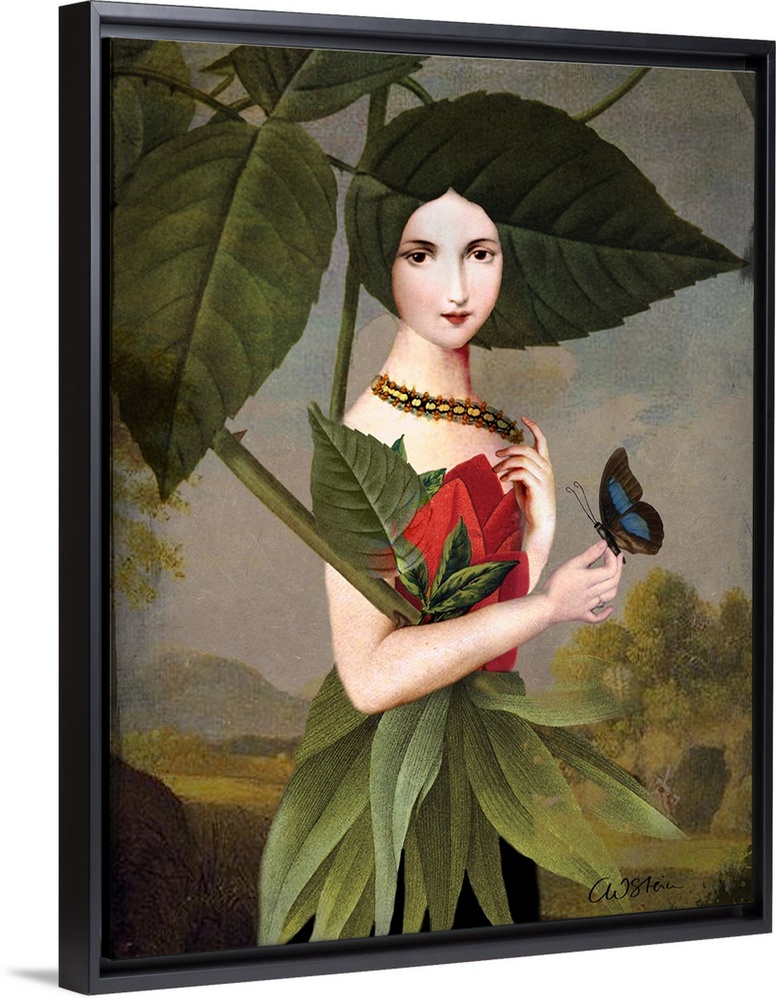 Woman wearing a dress made of flowers and a caterpillar around her neck while holding a butterfly.