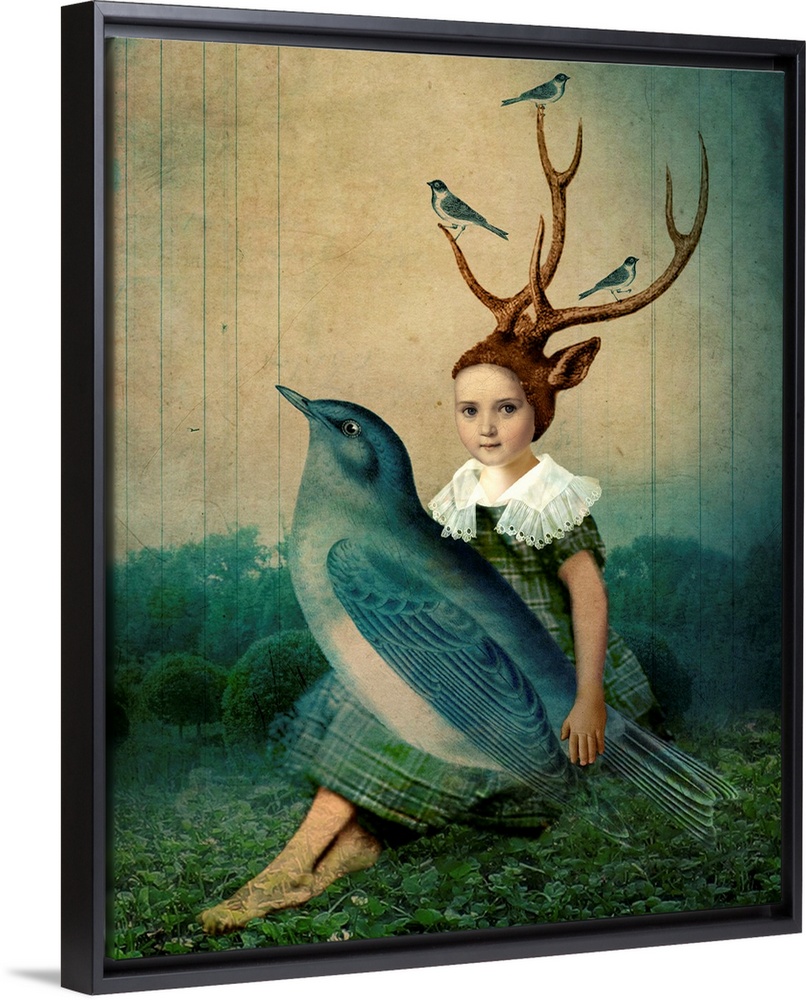 A child with antlers holding a large blue bird in her lap.
