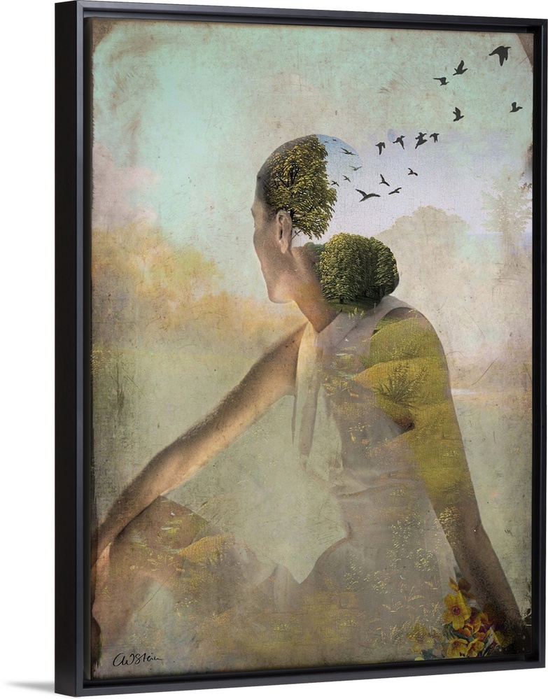 A transparent woman is looking behind her at the surrounding landscape.