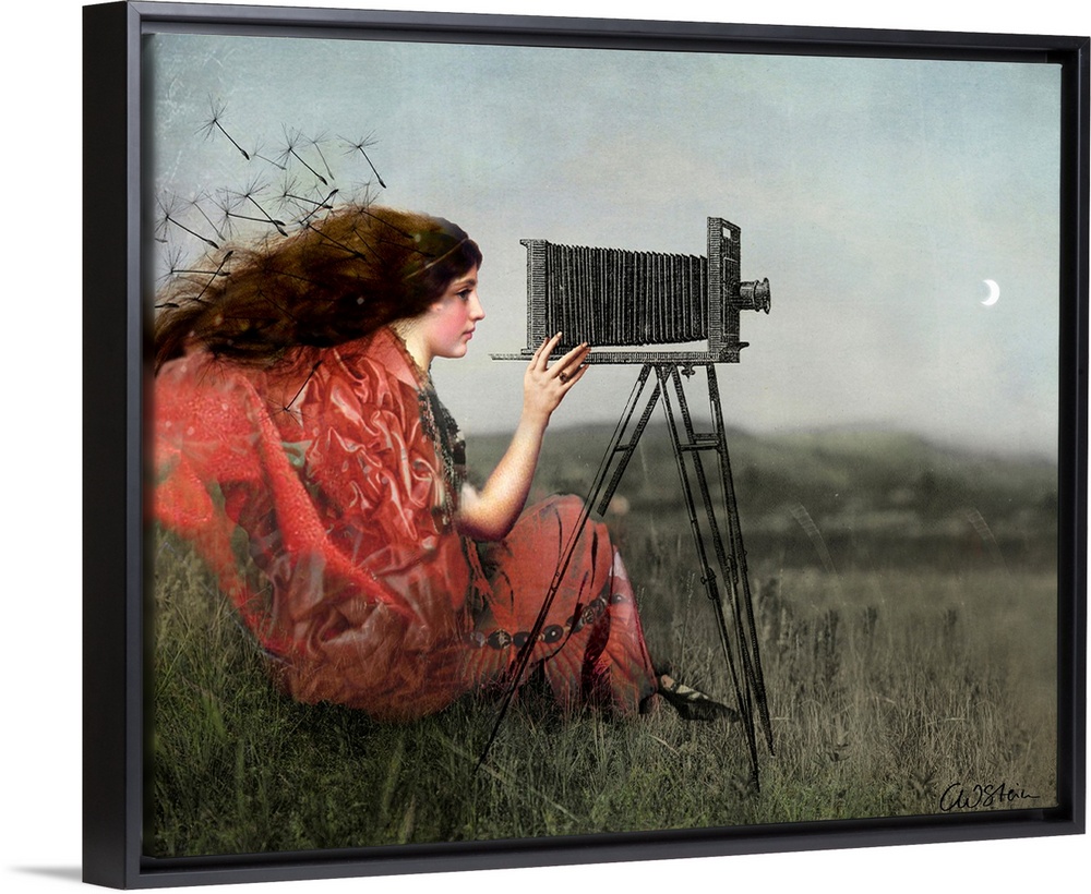 A digital composite of a female in a field using a view camera.