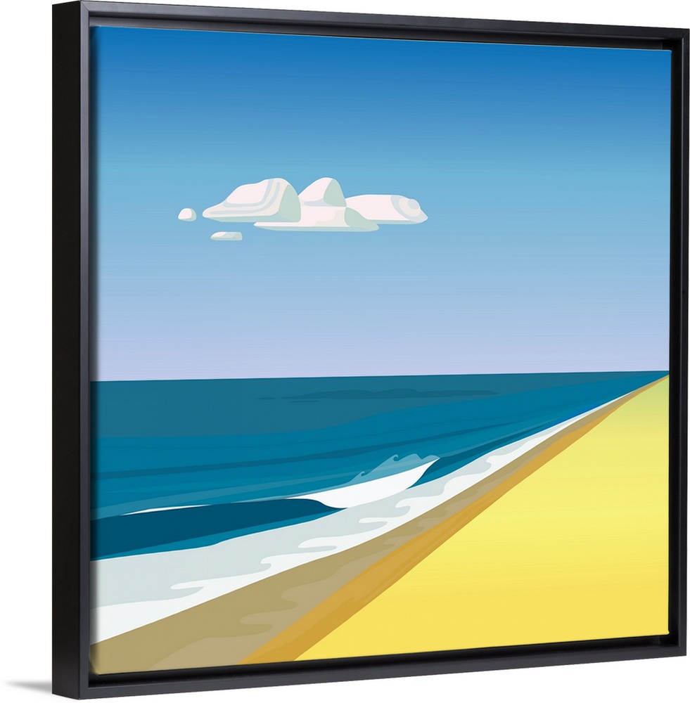 A simple, clean illustration of waves on a beach and a single cloud.