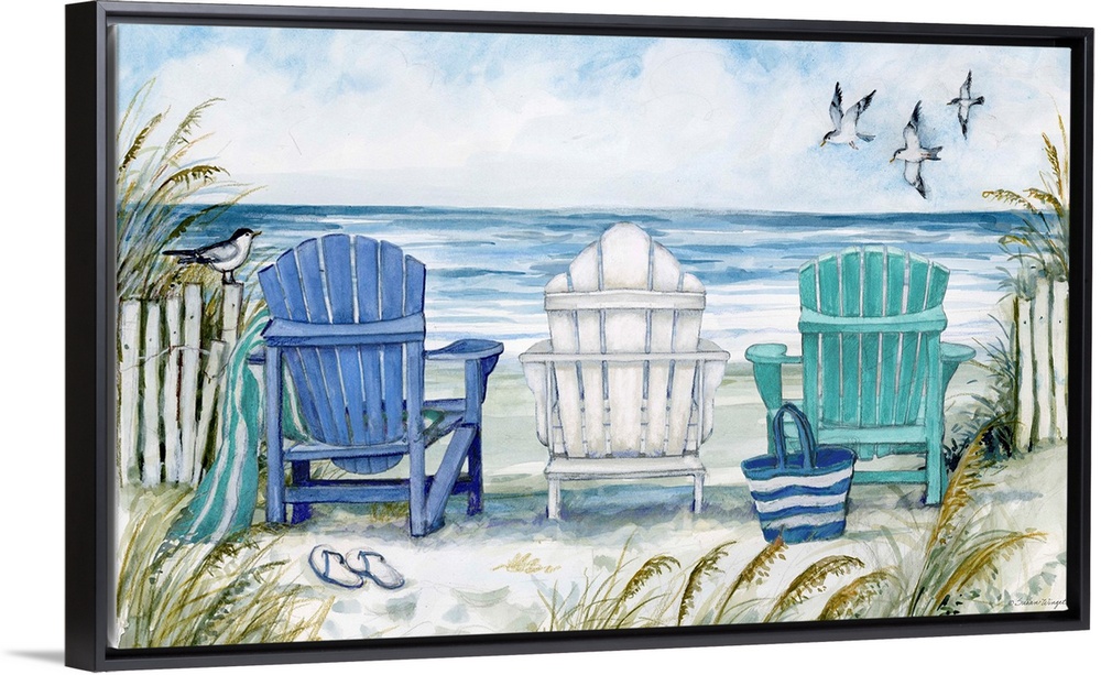 A charming Adirondack beach chair scene captures the relaxation of the coast.