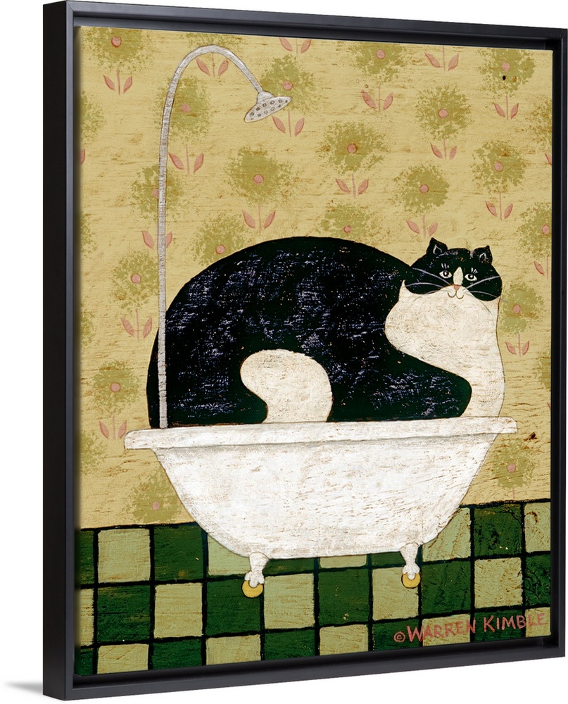 Whimsical country bathroom artwork of a very large cat taking up an entire bath tub with a tiled floor and wall paper behi...