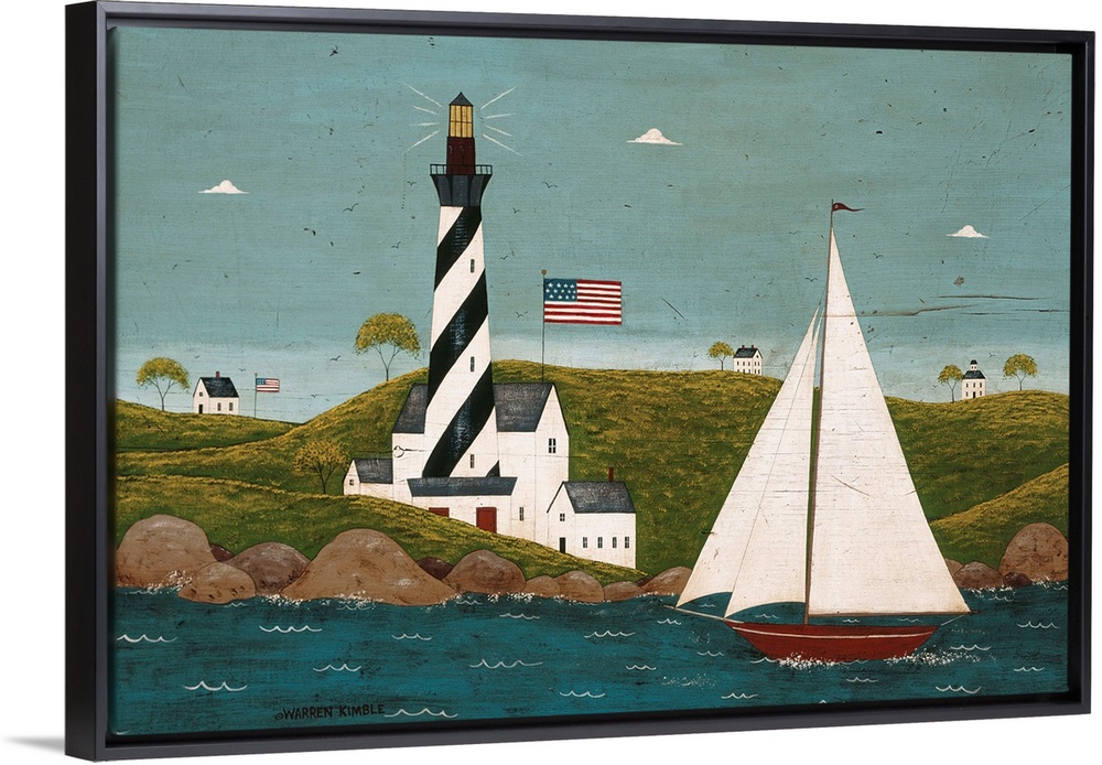 Folk art of a striped lighthouse on a hilly shore with an American flag, watching over a large white sailboat, three small...