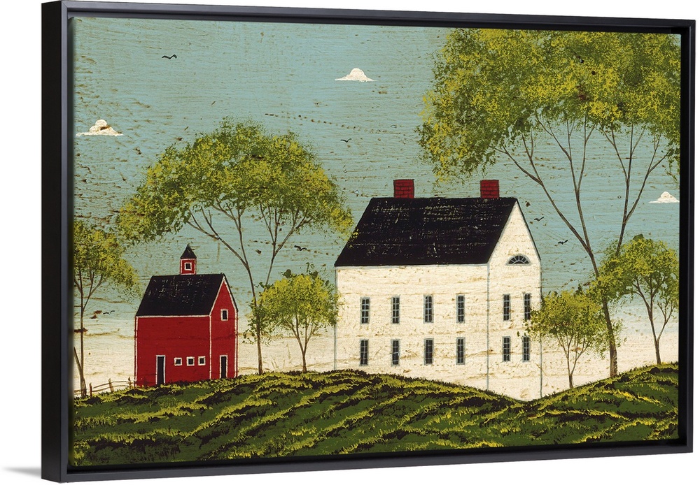 Contemporary artwork of a large white house with a smaller red barn just to the left of it on a grassy hill. There is an a...